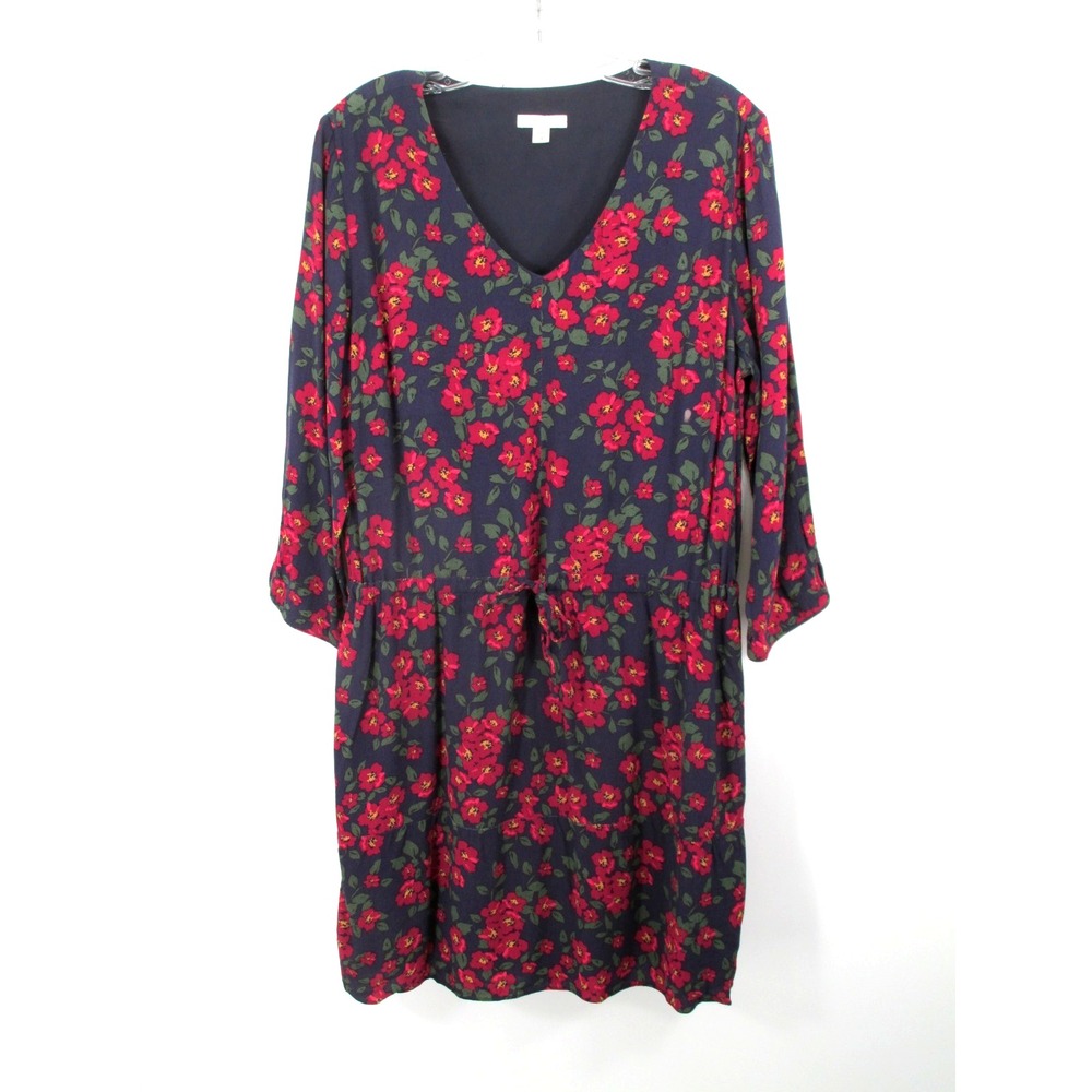 GARNET HILL Midi Shift Dress Women 10 Blue Red Floral V-Neck Boho Cottage Core